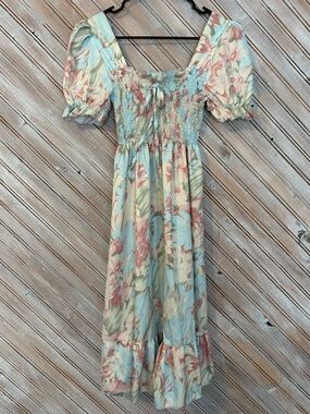 Kookai Pastel Blue & Blush Floral Smocked Ruched Waist Midi Flowy Dress